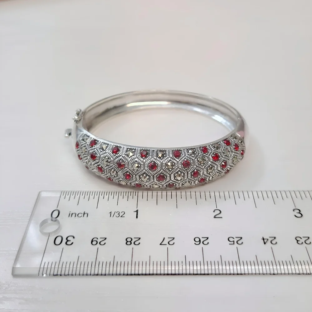 1930's Art Deco Sterling Silver Red Paste Rhinestone Marcasite Hinged Bracelet